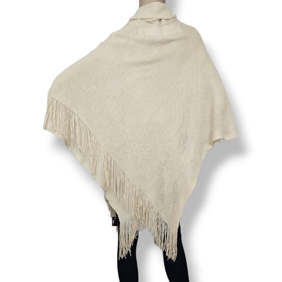 Cream Knit Fringe Hem Horn Buckle Cape Shawl Poncho by Bong Bong - Picture 5 of 7